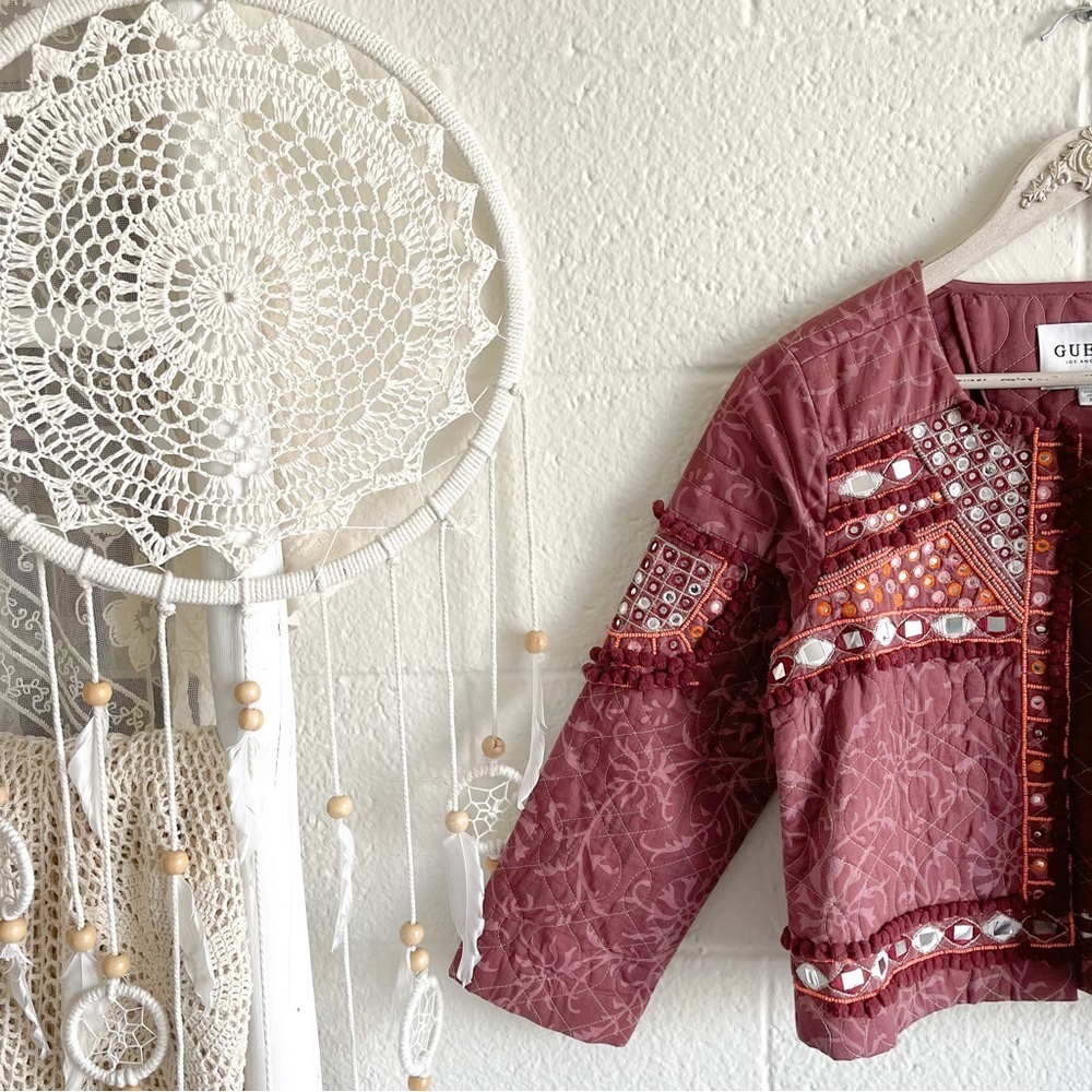 NWOT Boho Mirror Work & Bead Details Wine Blazer